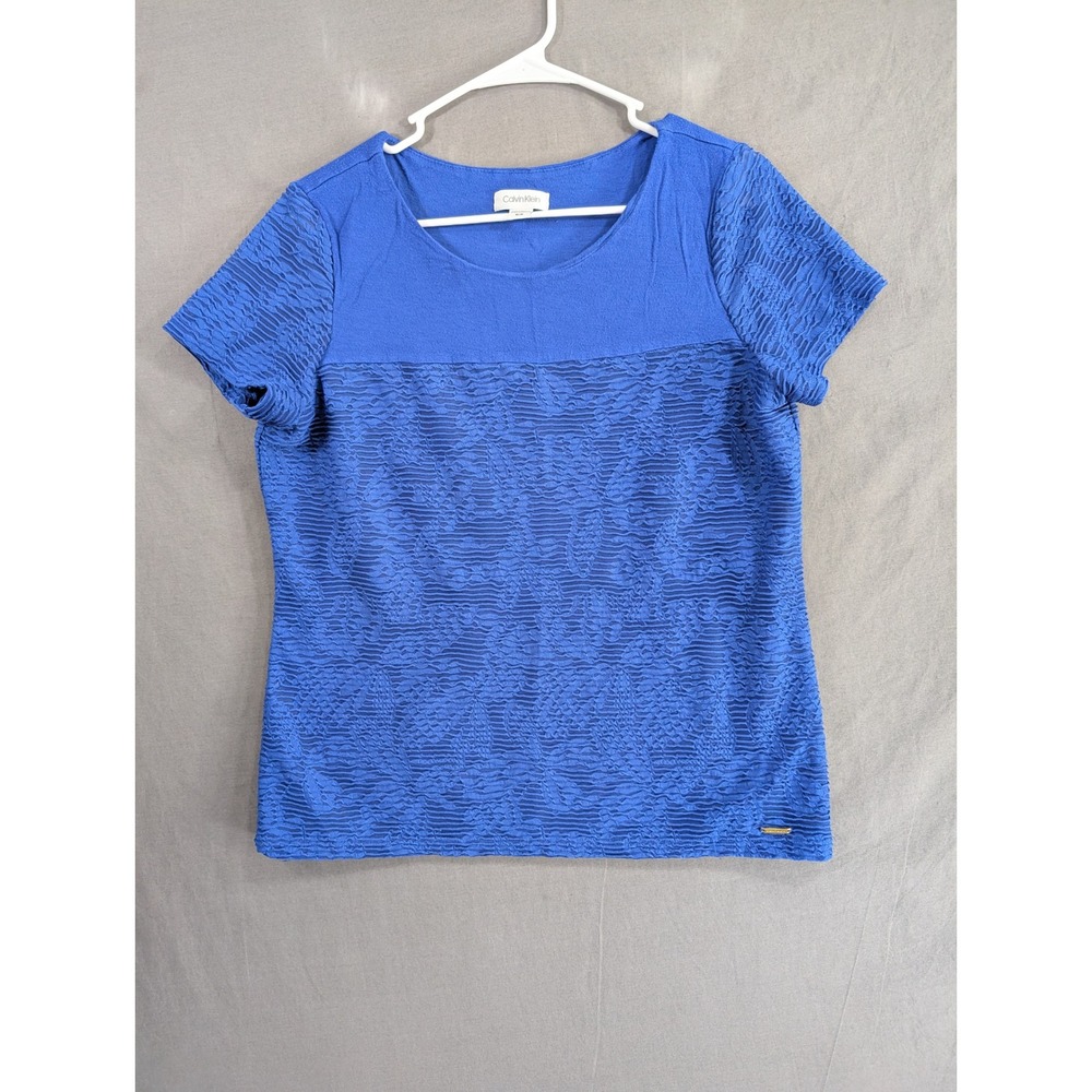 Calvin Klein Blue Textured Floral Lace Short Sleeve Scoop Neck Top Size M 8454